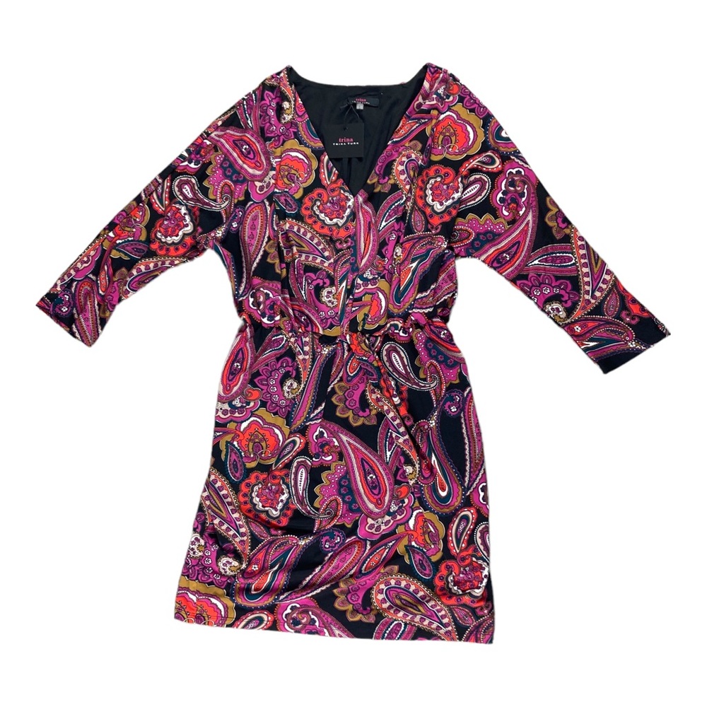 Trina Turk Birch Mini Dress S Women's 3/4 Sleeve Paisley Strech Elastic Waist